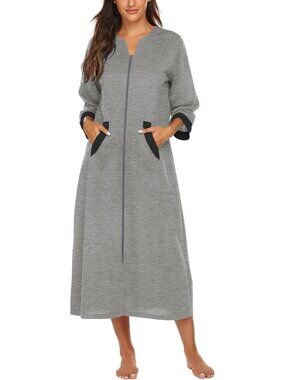 〽️Women's Bathrobe Gray 3/4 Sleeves Zipper Loungewear Full Length Nightgown